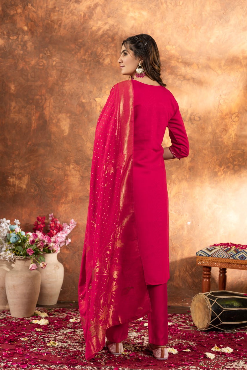 Women's Magenta Embroidered Kurta Pant Set with Jacquard Dupatta | Festive Ethnic Wear