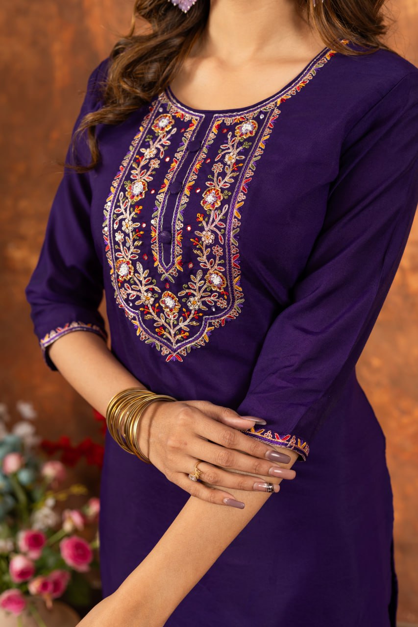 Women's Magenta Embroidered Kurta Pant Set with Jacquard Dupatta | Festive Ethnic Wear