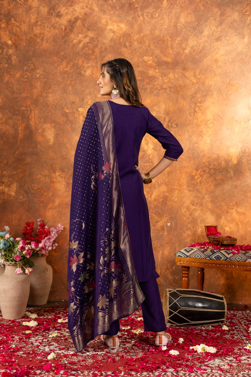 Women's Magenta Embroidered Kurta Pant Set with Jacquard Dupatta | Festive Ethnic Wear