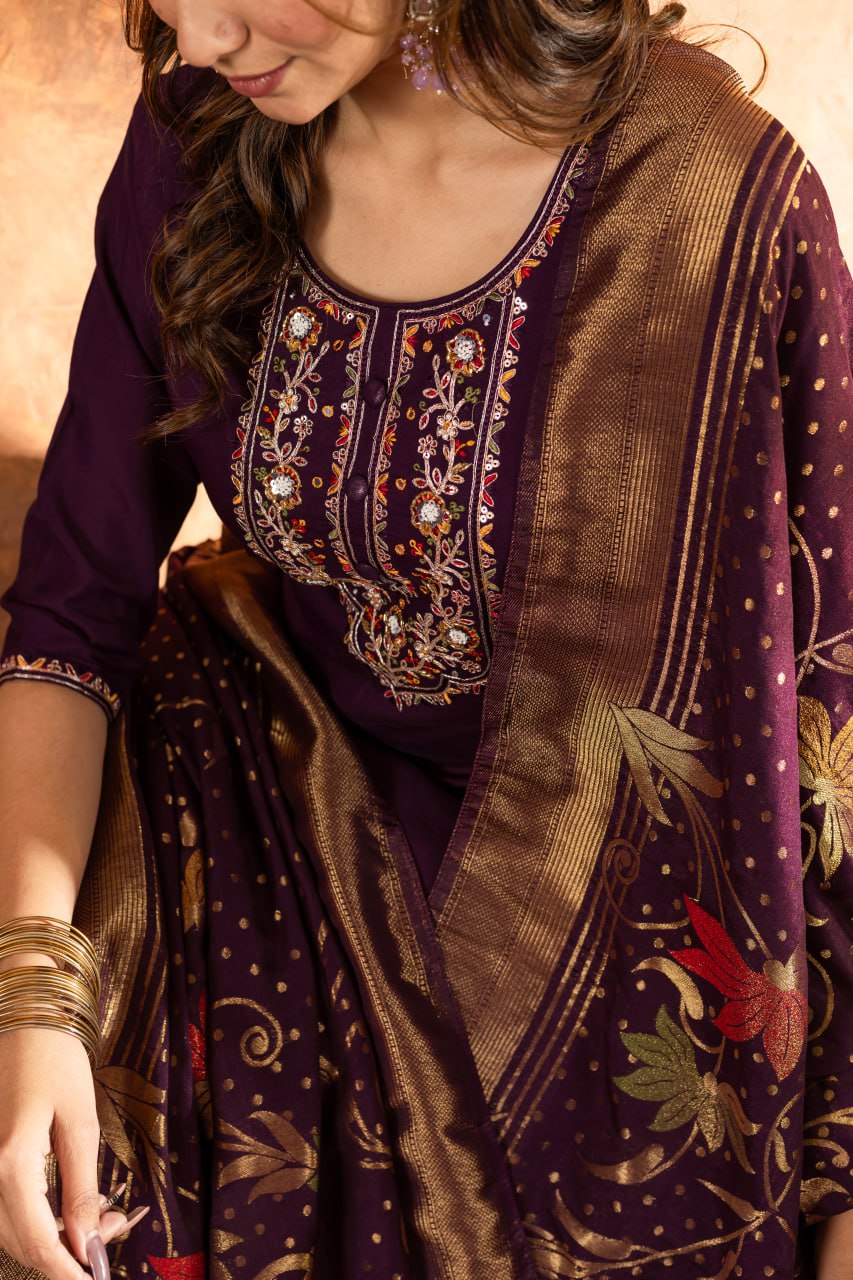 Women's Magenta Embroidered Kurta Pant Set with Jacquard Dupatta | Festive Ethnic Wear
