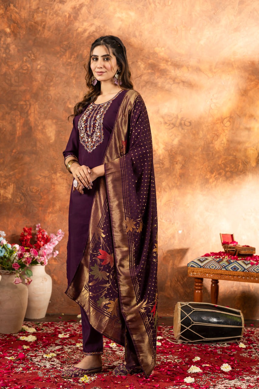 Women's Magenta Embroidered Kurta Pant Set with Jacquard Dupatta | Festive Ethnic Wear