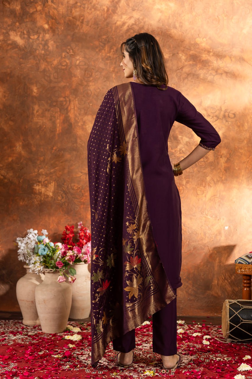 Women's Magenta Embroidered Kurta Pant Set with Jacquard Dupatta | Festive Ethnic Wear