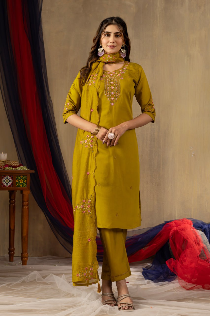 Women's Mustard Yellow Embroidered Kurta Pant Dupatta Set | Elegant Ethnic Wear