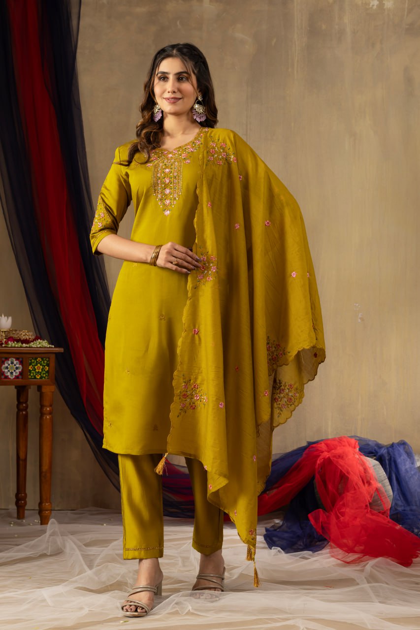 Women's Mustard Yellow Embroidered Kurta Pant Dupatta Set | Elegant Ethnic Wear