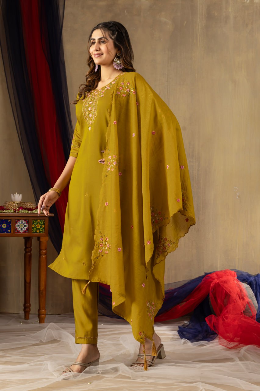 Women's Mustard Yellow Embroidered Kurta Pant Dupatta Set | Elegant Ethnic Wear