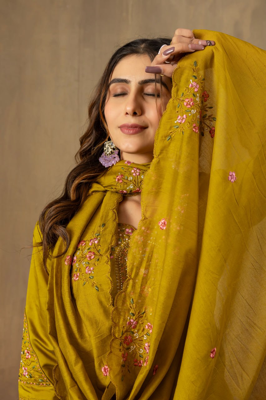 Women's Mustard Yellow Embroidered Kurta Pant Dupatta Set | Elegant Ethnic Wear