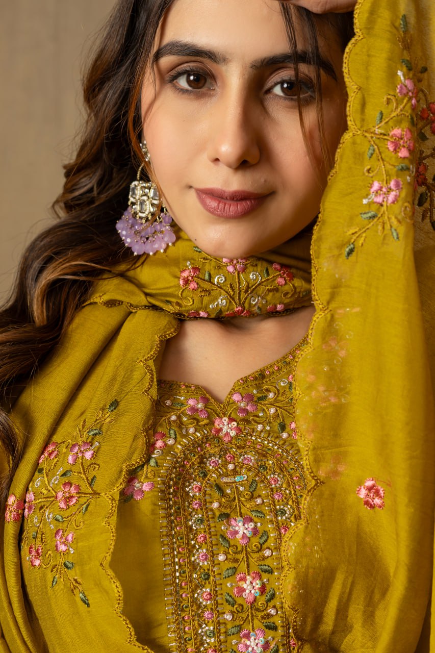 Women's Mustard Yellow Embroidered Kurta Pant Dupatta Set | Elegant Ethnic Wear