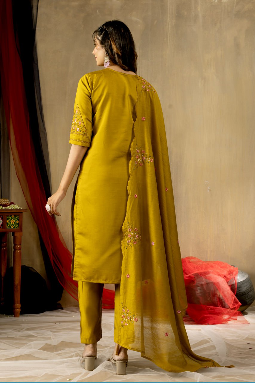 Women's Mustard Yellow Embroidered Kurta Pant Dupatta Set | Elegant Ethnic Wear