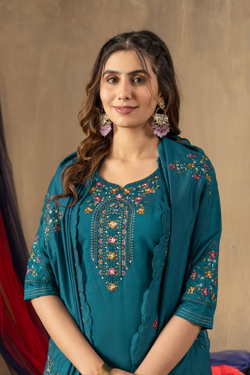 Women's Mustard Yellow Embroidered Kurta Pant Dupatta Set | Elegant Ethnic Wear