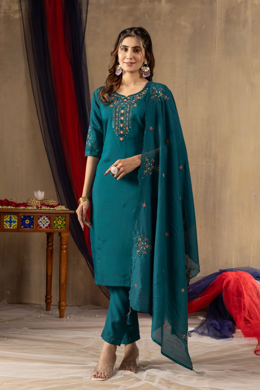 Women's Mustard Yellow Embroidered Kurta Pant Dupatta Set | Elegant Ethnic Wear
