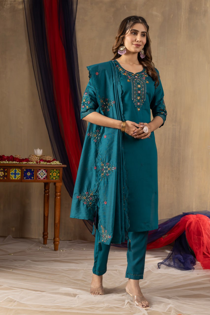 Women's Mustard Yellow Embroidered Kurta Pant Dupatta Set | Elegant Ethnic Wear
