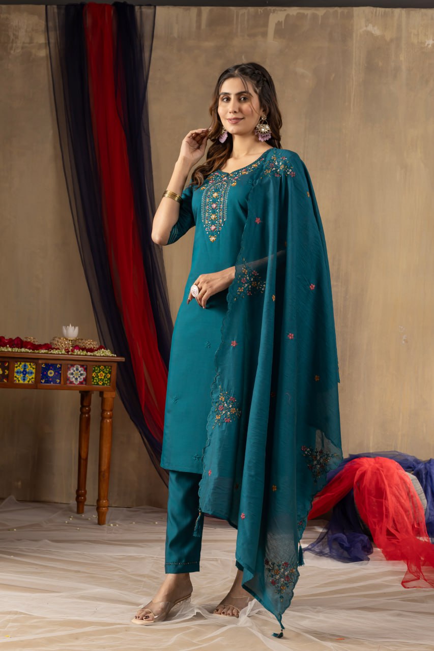 Women's Mustard Yellow Embroidered Kurta Pant Dupatta Set | Elegant Ethnic Wear