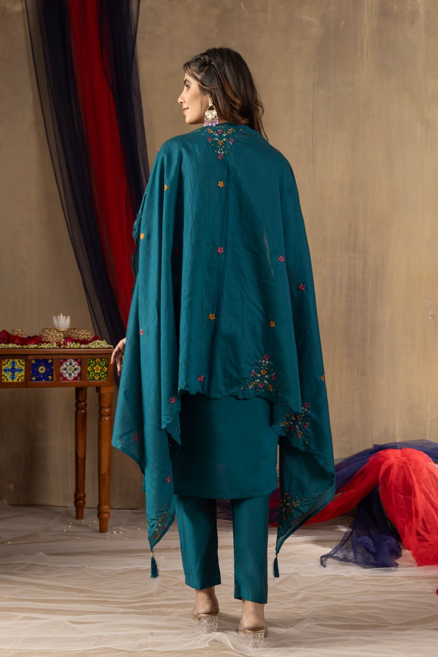 Women's Mustard Yellow Embroidered Kurta Pant Dupatta Set | Elegant Ethnic Wear