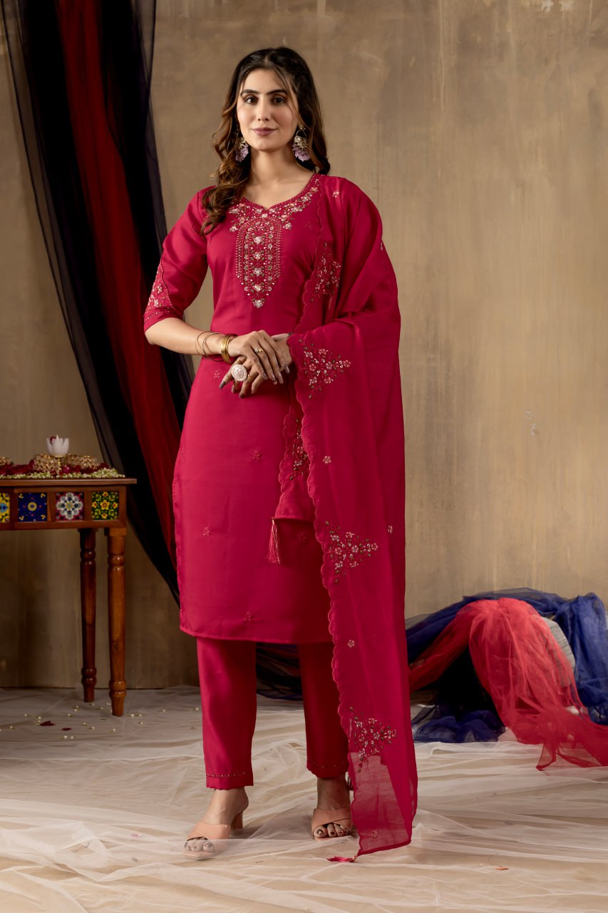 Women's Mustard Yellow Embroidered Kurta Pant Dupatta Set | Elegant Ethnic Wear