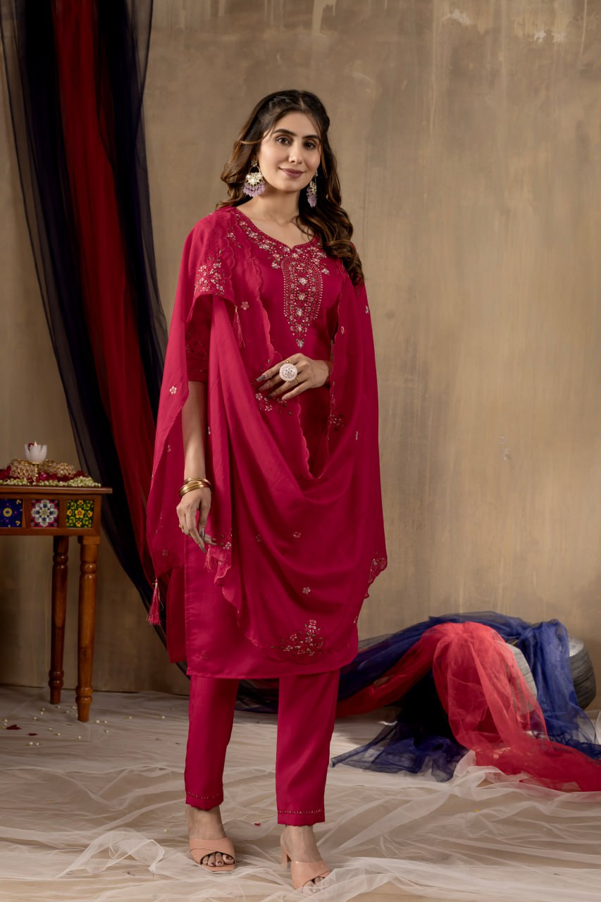 Women's Mustard Yellow Embroidered Kurta Pant Dupatta Set | Elegant Ethnic Wear