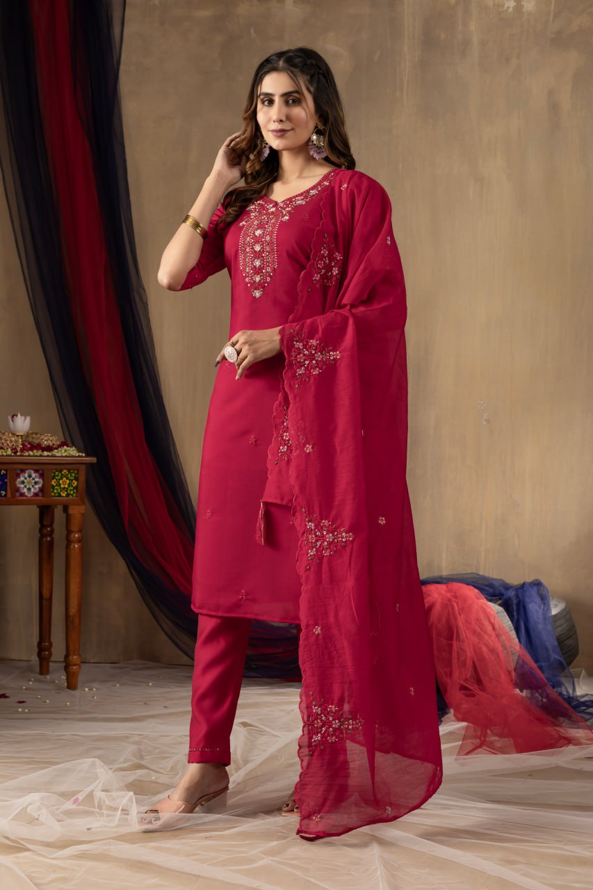 Women's Mustard Yellow Embroidered Kurta Pant Dupatta Set | Elegant Ethnic Wear