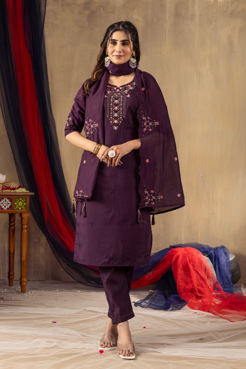 Women's Mustard Yellow Embroidered Kurta Pant Dupatta Set | Elegant Ethnic Wear