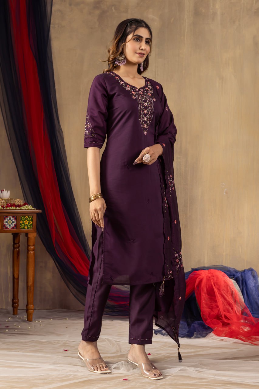 Women's Mustard Yellow Embroidered Kurta Pant Dupatta Set | Elegant Ethnic Wear