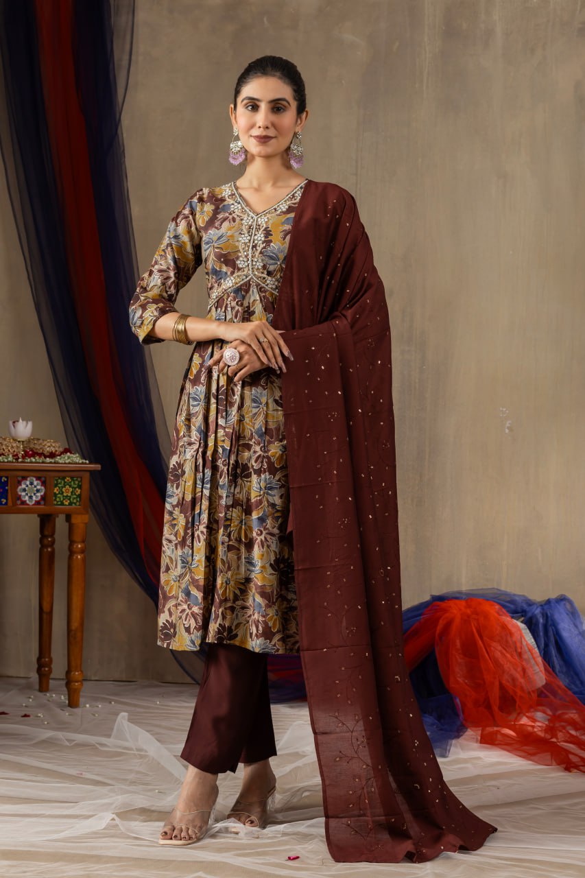 Elegant Teal Embroidered Straight Kurta with Printed Chiffon Dupatta for Women | Ethnic Salwar Suit Set