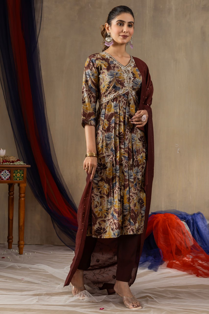 Elegant Teal Embroidered Straight Kurta with Printed Chiffon Dupatta for Women | Ethnic Salwar Suit Set