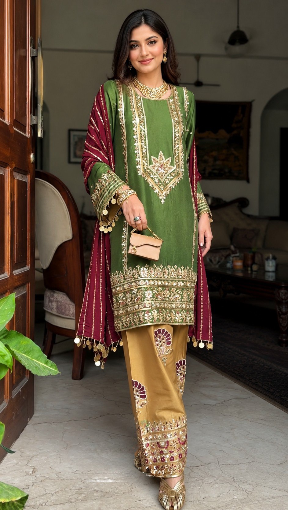 Luxury White Embroidered Kurta Set with Navy Blue Palazzo & Maroon Dupatta for Women | Festive & Wedding Wear
