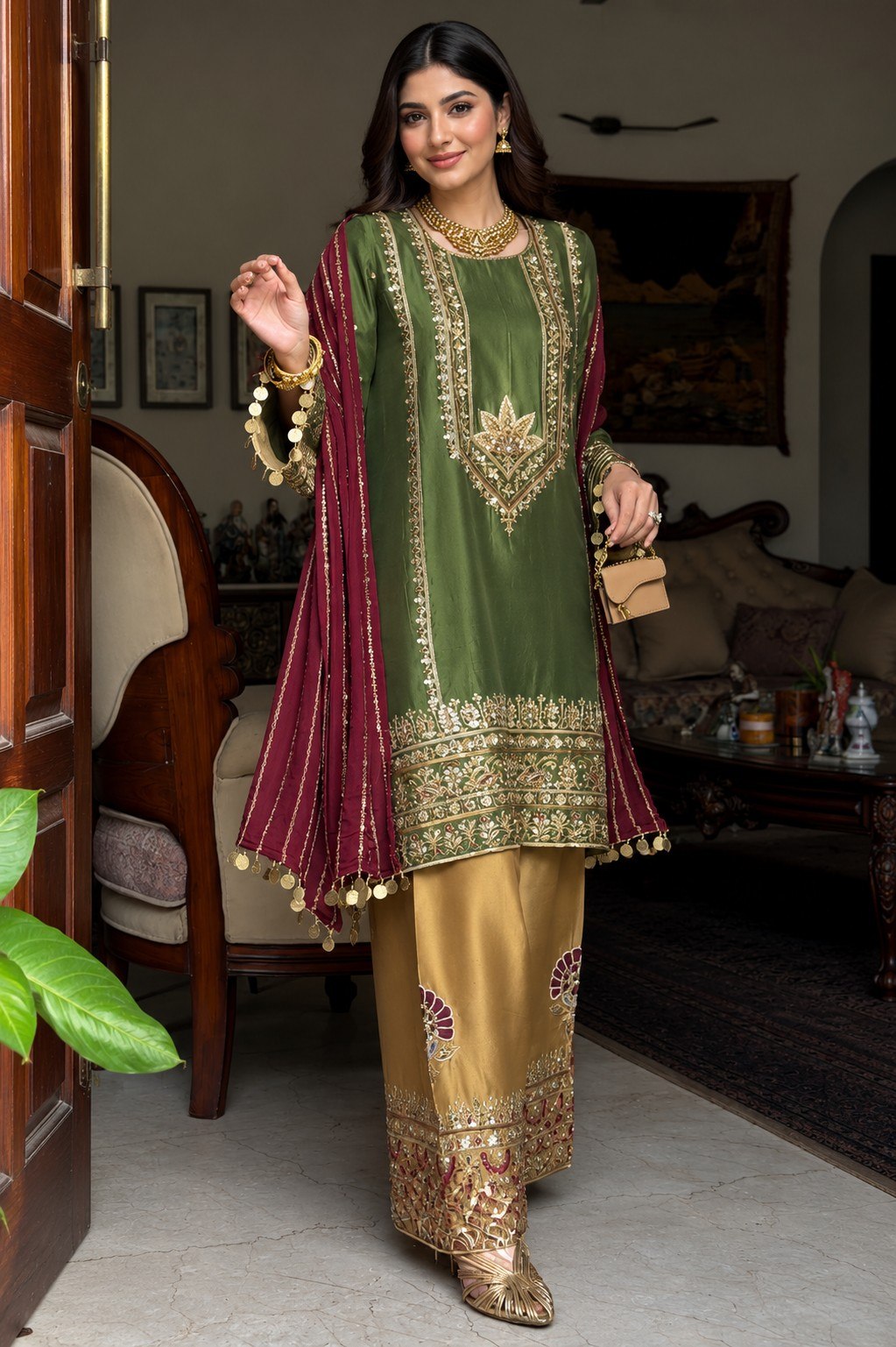 Luxury White Embroidered Kurta Set with Navy Blue Palazzo & Maroon Dupatta for Women | Festive & Wedding Wear
