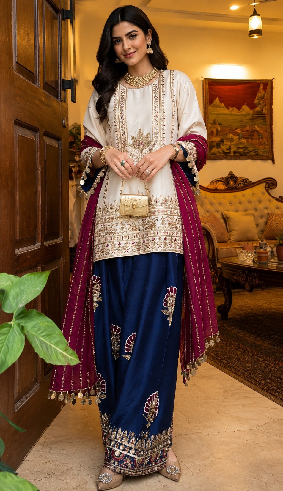 Luxury White Embroidered Kurta Set with Navy Blue Palazzo & Maroon Dupatta for Women | Festive & Wedding Wear