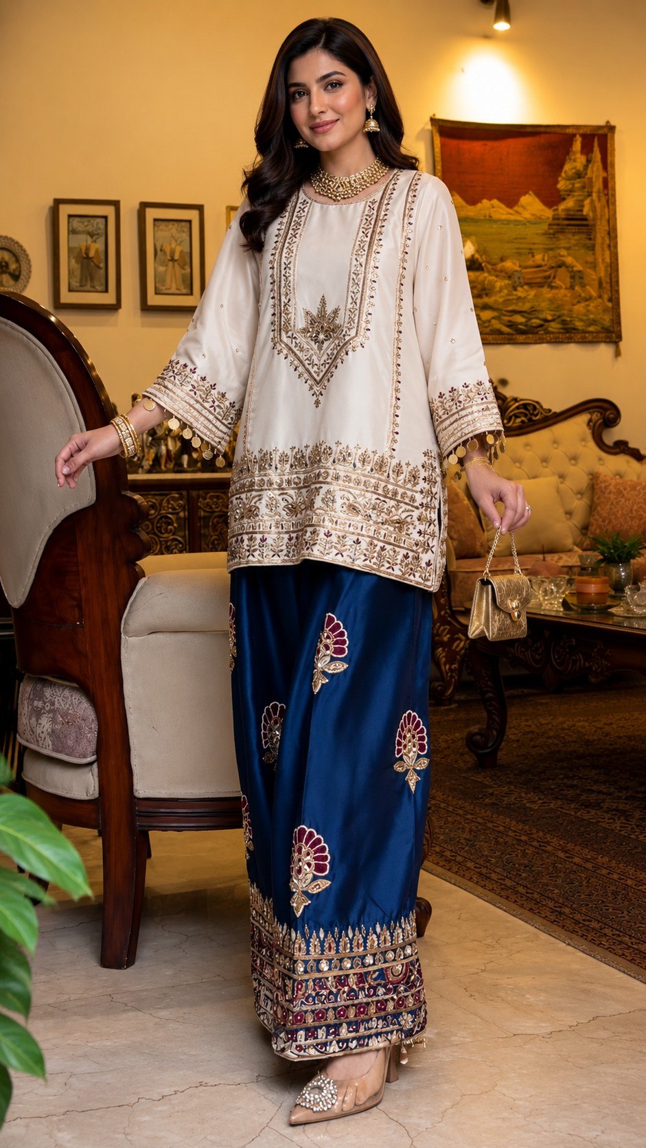 Luxury White Embroidered Kurta Set with Navy Blue Palazzo & Maroon Dupatta for Women | Festive & Wedding Wear