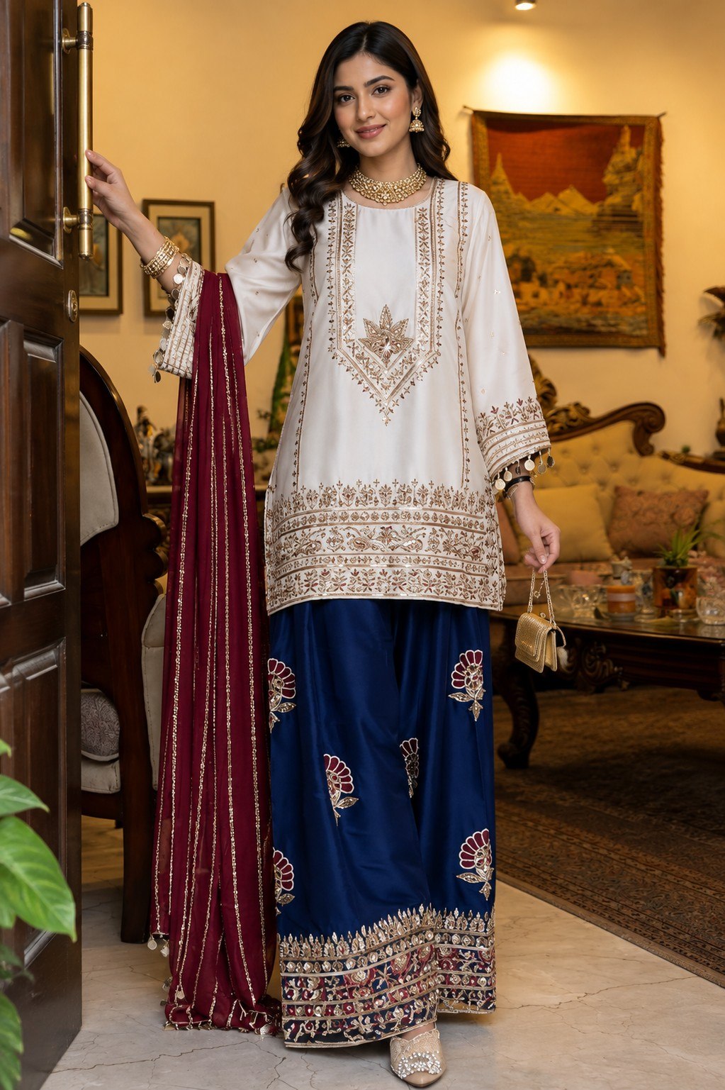 Luxury White Embroidered Kurta Set with Navy Blue Palazzo & Maroon Dupatta for Women | Festive & Wedding Wear