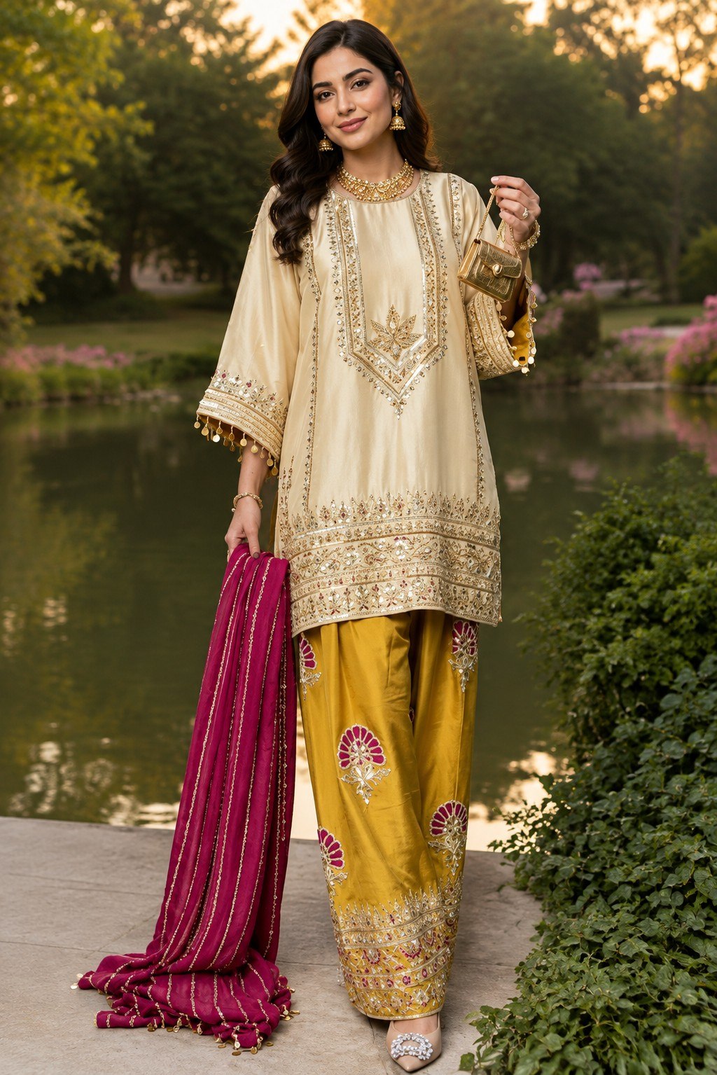 Luxury White Embroidered Kurta Set with Navy Blue Palazzo & Maroon Dupatta for Women | Festive & Wedding Wear
