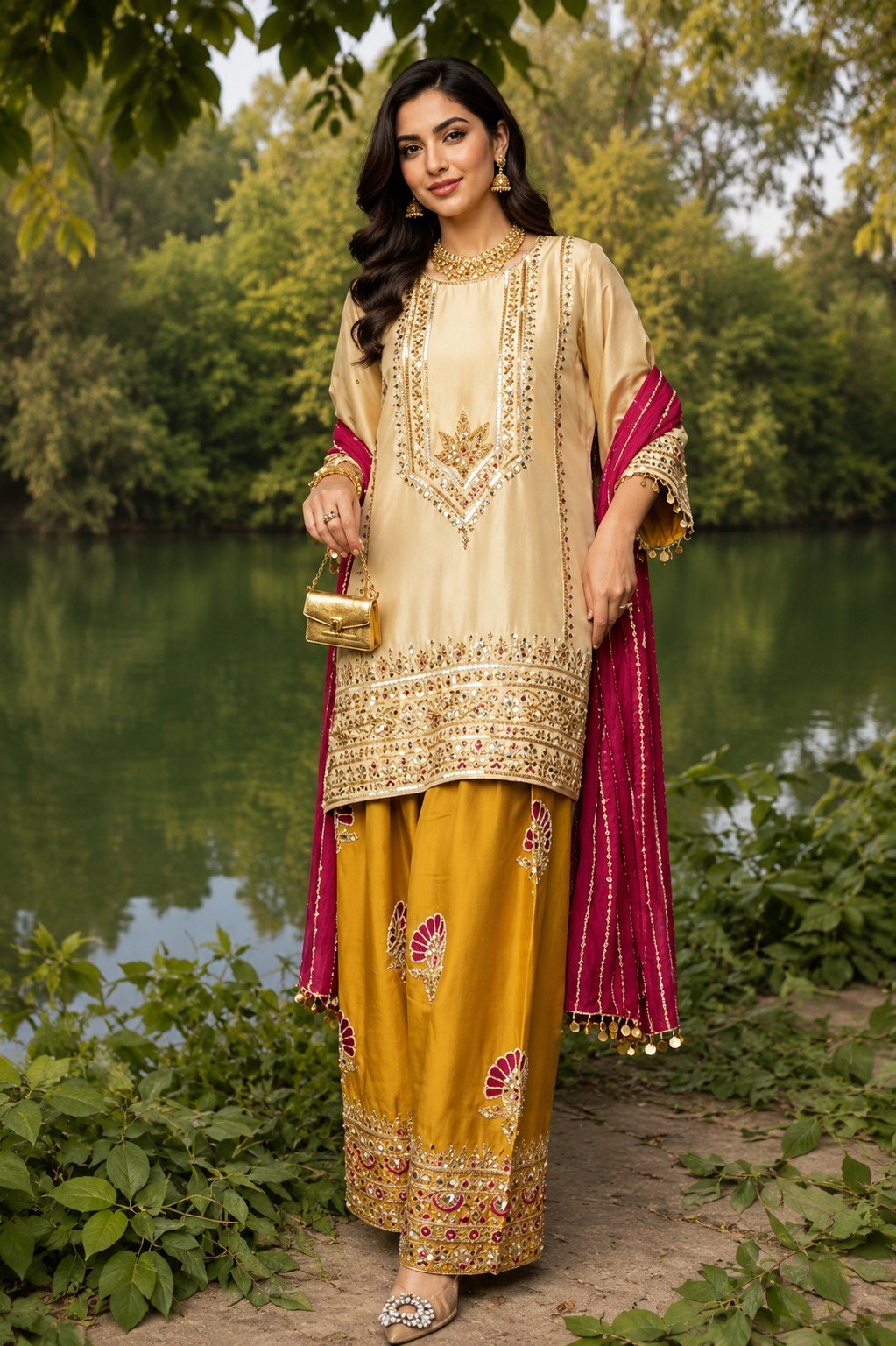 Luxury White Embroidered Kurta Set with Navy Blue Palazzo & Maroon Dupatta for Women | Festive & Wedding Wear