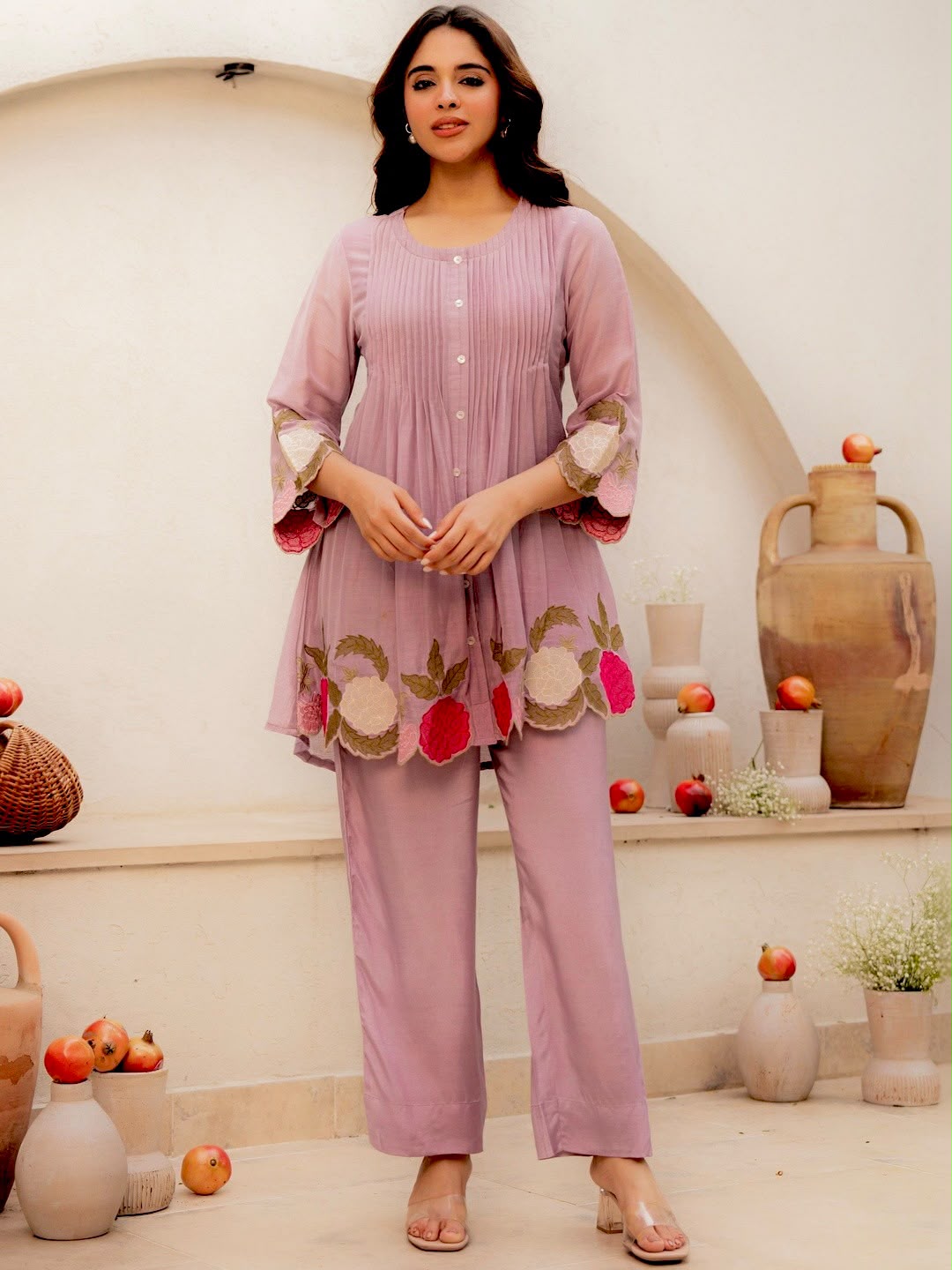 Premium Pink Floral Embroidered Kurta Palazzo Set for Women