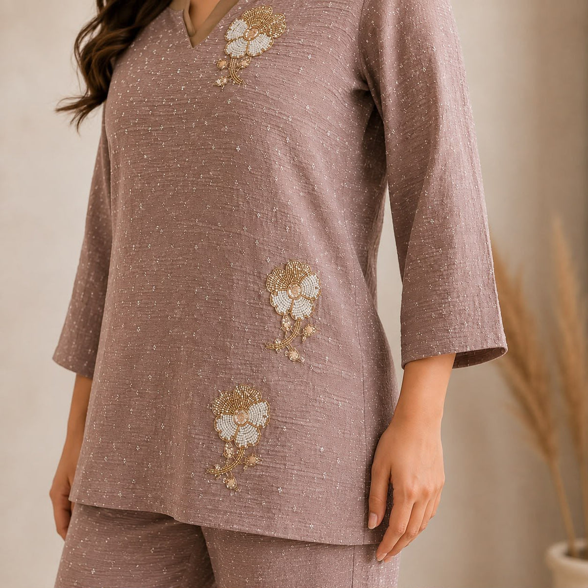 Women’s Mauve Embroidered Kurta Pant Co-Ord Set | Elegant Casual Ethnic Wear