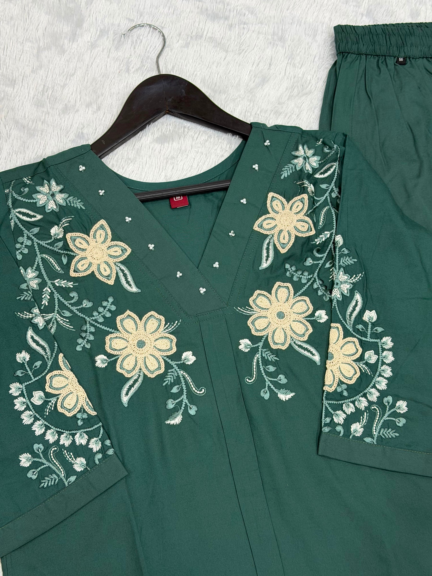 Floral Embroidered V-Neck Kurta Pant Co-Ord Set for Women