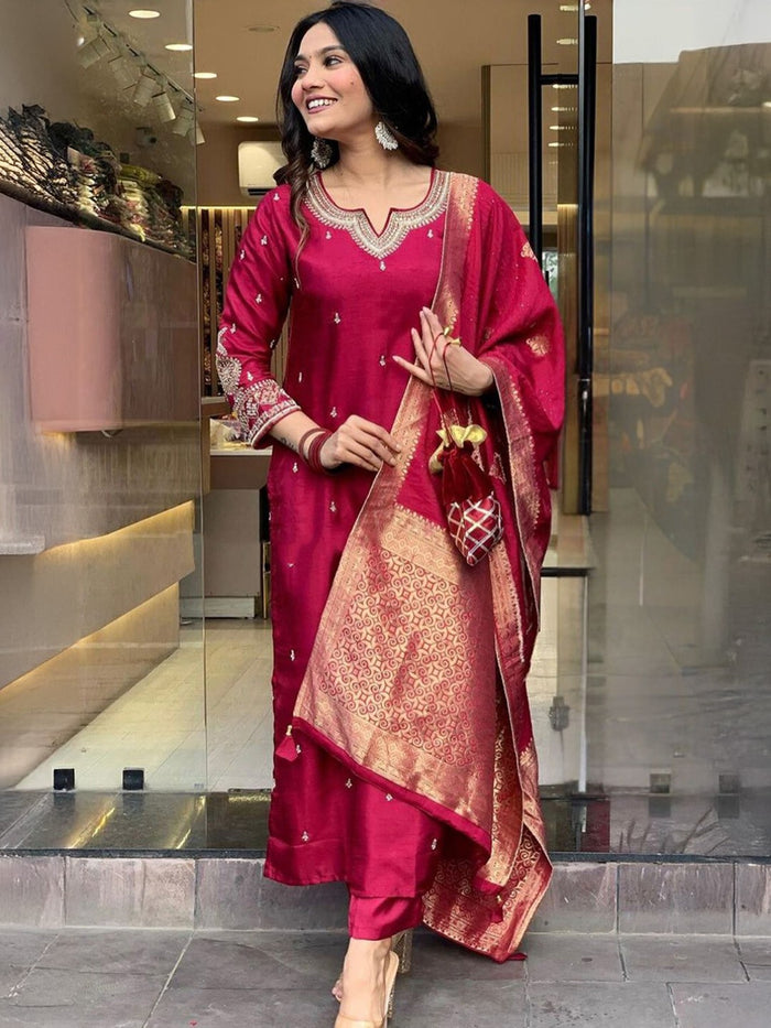 ILARAA Women's Embroidered PV Chanderi Roman Silk Kurta Pant Set with Jacquard Dupatta in Rani 