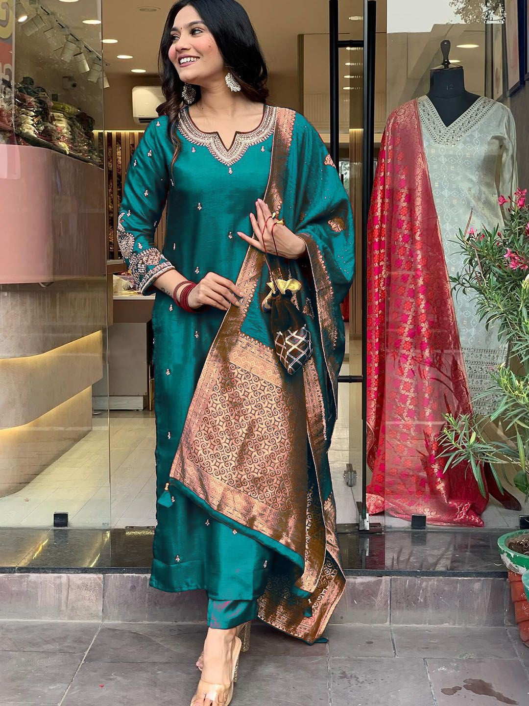 ILARAA Women's Embroidered PV Chanderi Roman Silk Kurta Pant Set with Jacquard Dupatta in Peacock Green