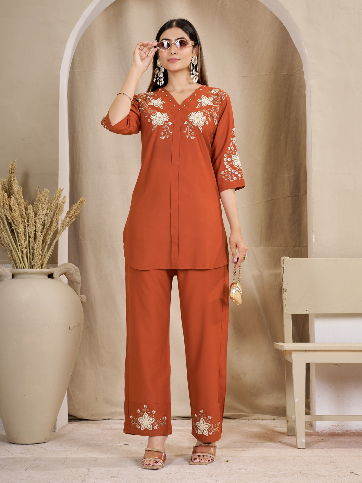 Floral Embroidered V-Neck Kurta Pant Co-Ord Set for Women
