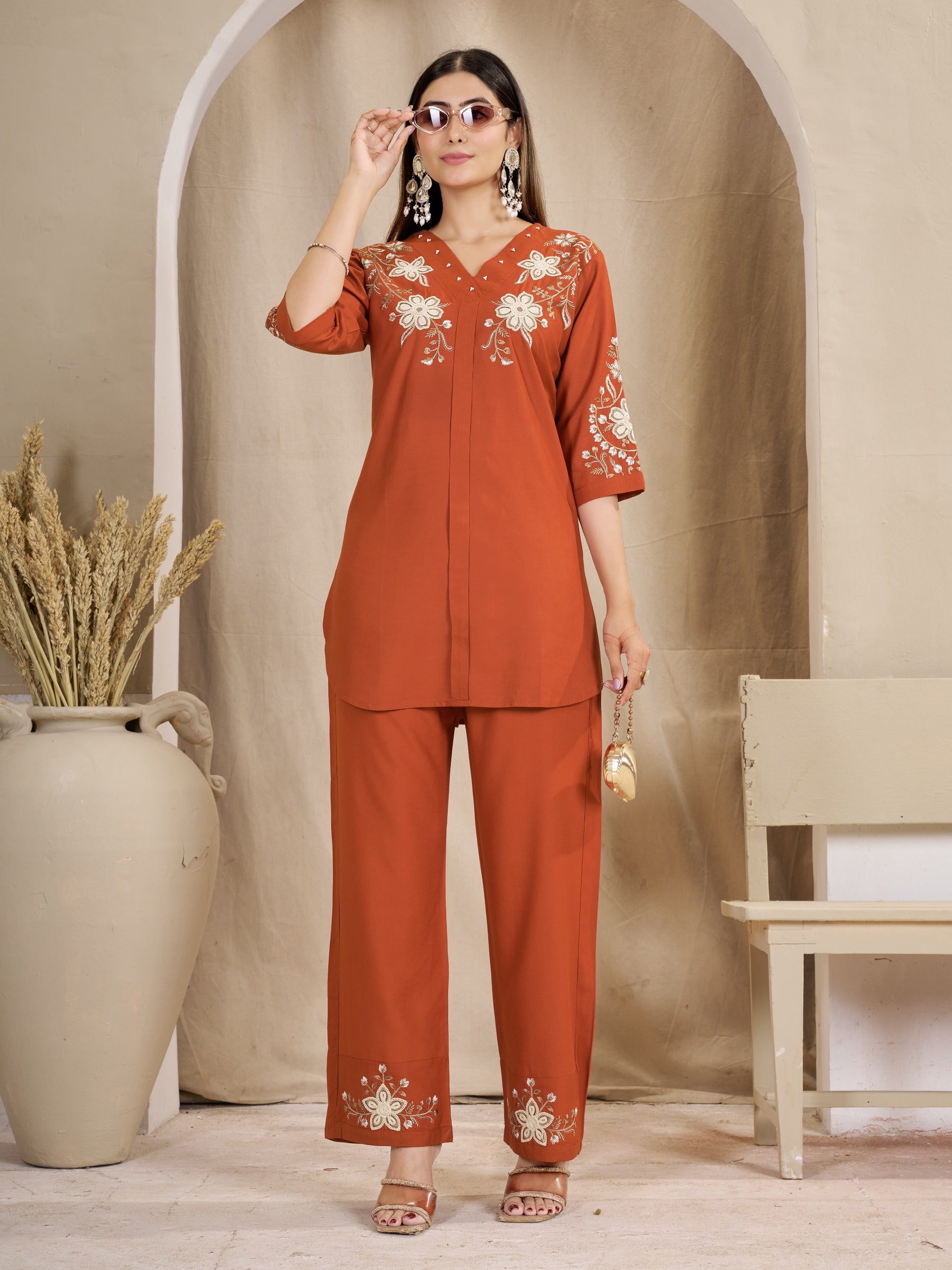 Floral Embroidered V-Neck Kurta Pant Co-Ord Set for Women