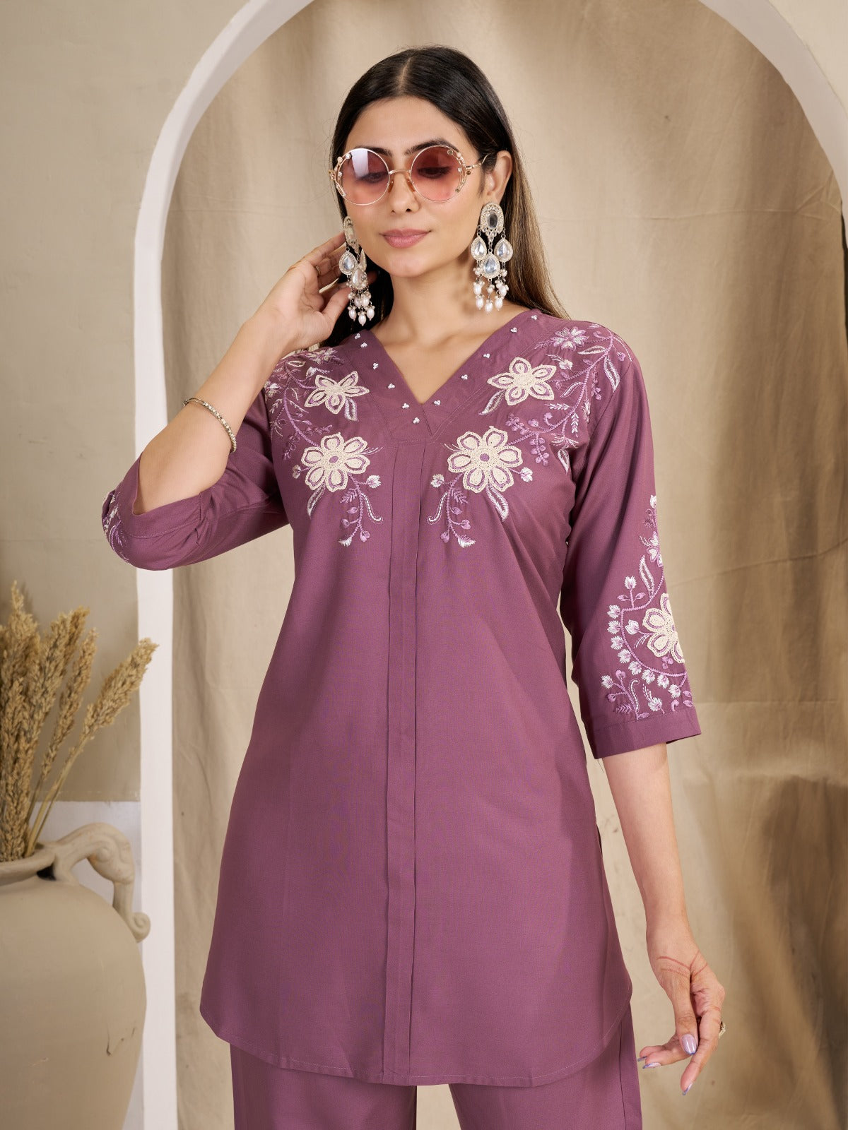 Floral Embroidered V-Neck Kurta Pant Co-Ord Set for Women