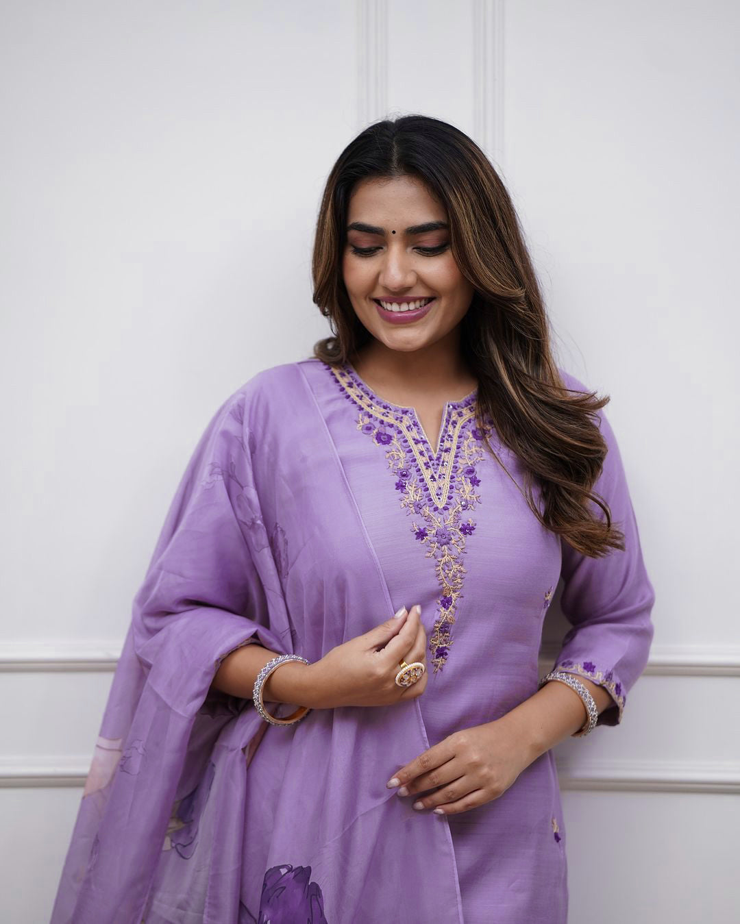 ILARAA Women's Lavender Kurta Pant Set with Chanderi Dupatta Full Outfit View