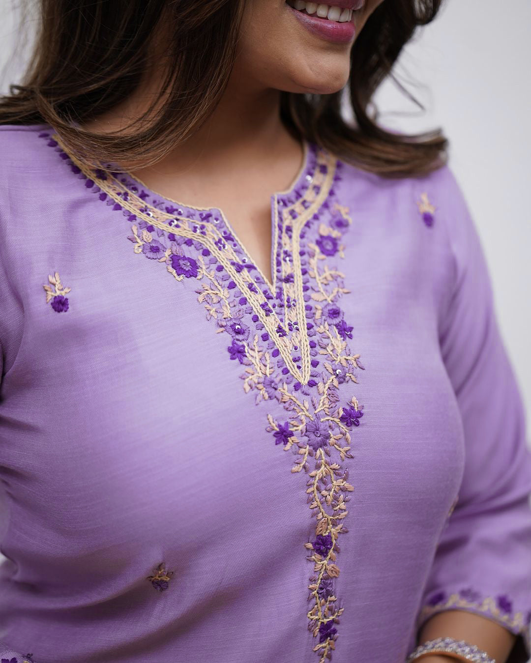 ILARAA Women's Lavender Embroidered Soft Rayon Slub Kurta Pant Set with Chanderi Cotton Dupatta | Premium Ethnic Wear