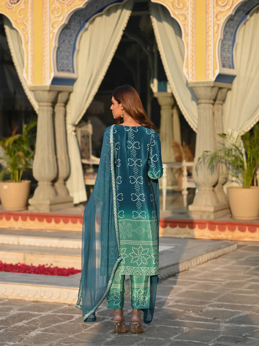 ILARAA Women's Soft Chinnon Silk Printed & Embroidered Kurta Pant Set with Nazmeen Dupatta | Premium Ethnic Wear