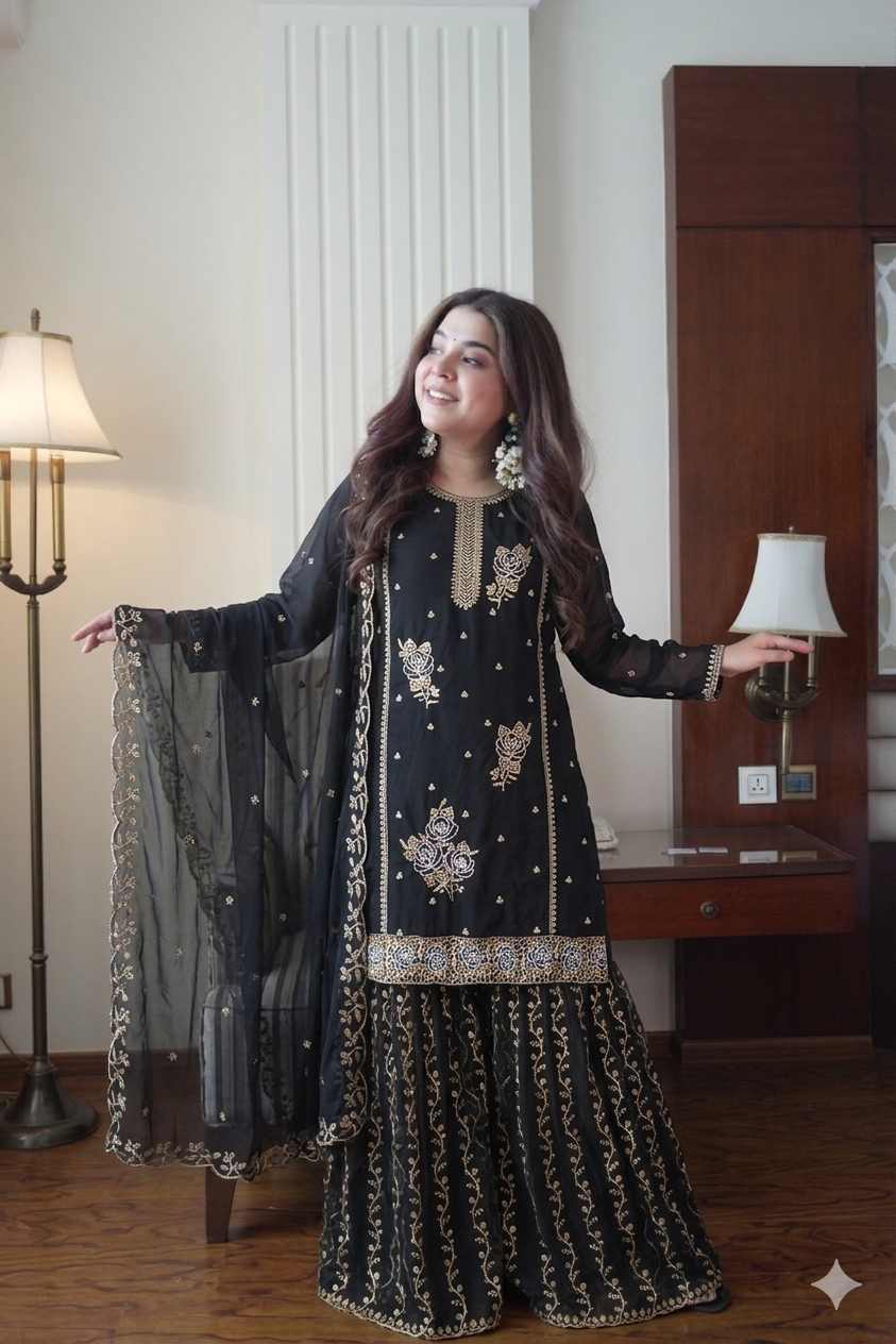 Designer Embroidered Sharara Suit Set with Dupatta | Festive Ethnic Wear