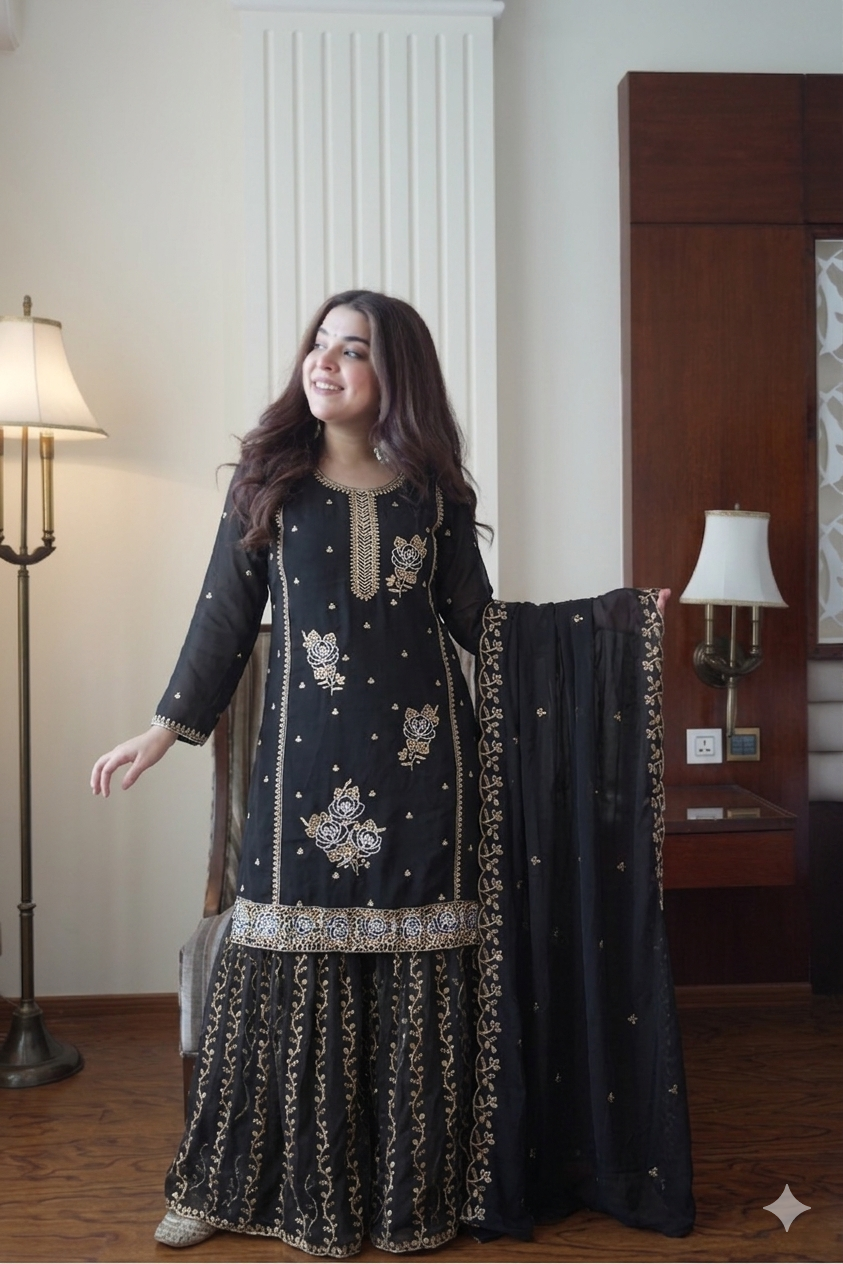 Designer Embroidered Sharara Suit Set with Dupatta | Festive Ethnic Wear