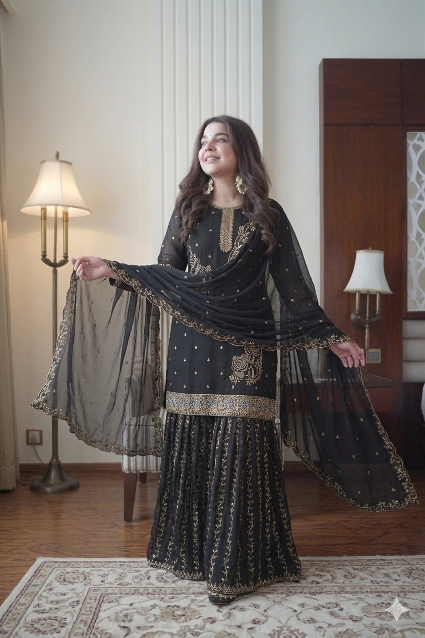 Designer Embroidered Sharara Suit Set with Dupatta | Festive Ethnic Wear