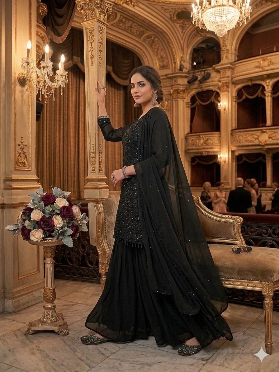 Black Sequin Embroidered Anarkali Suit Set with Dupatta | Designer Ethnic Wear