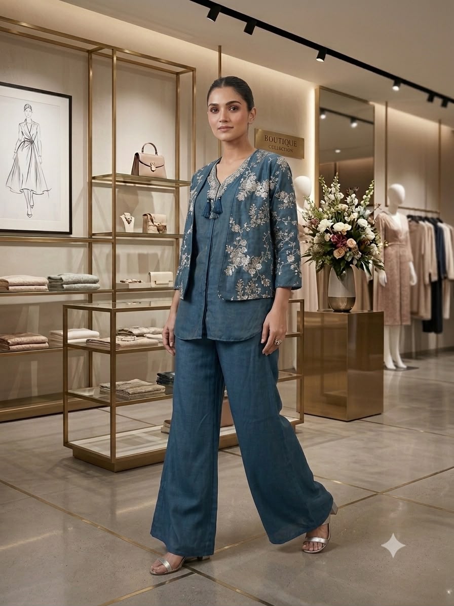 Designer Blue Embroidered Kurti Palazzo Set | Floral Sequin & Bead Work