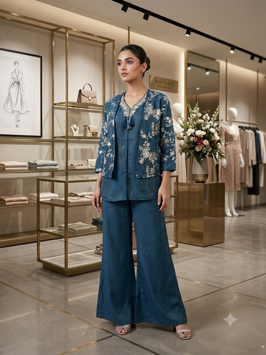 Designer Blue Embroidered Kurti Palazzo Set | Floral Sequin & Bead Work