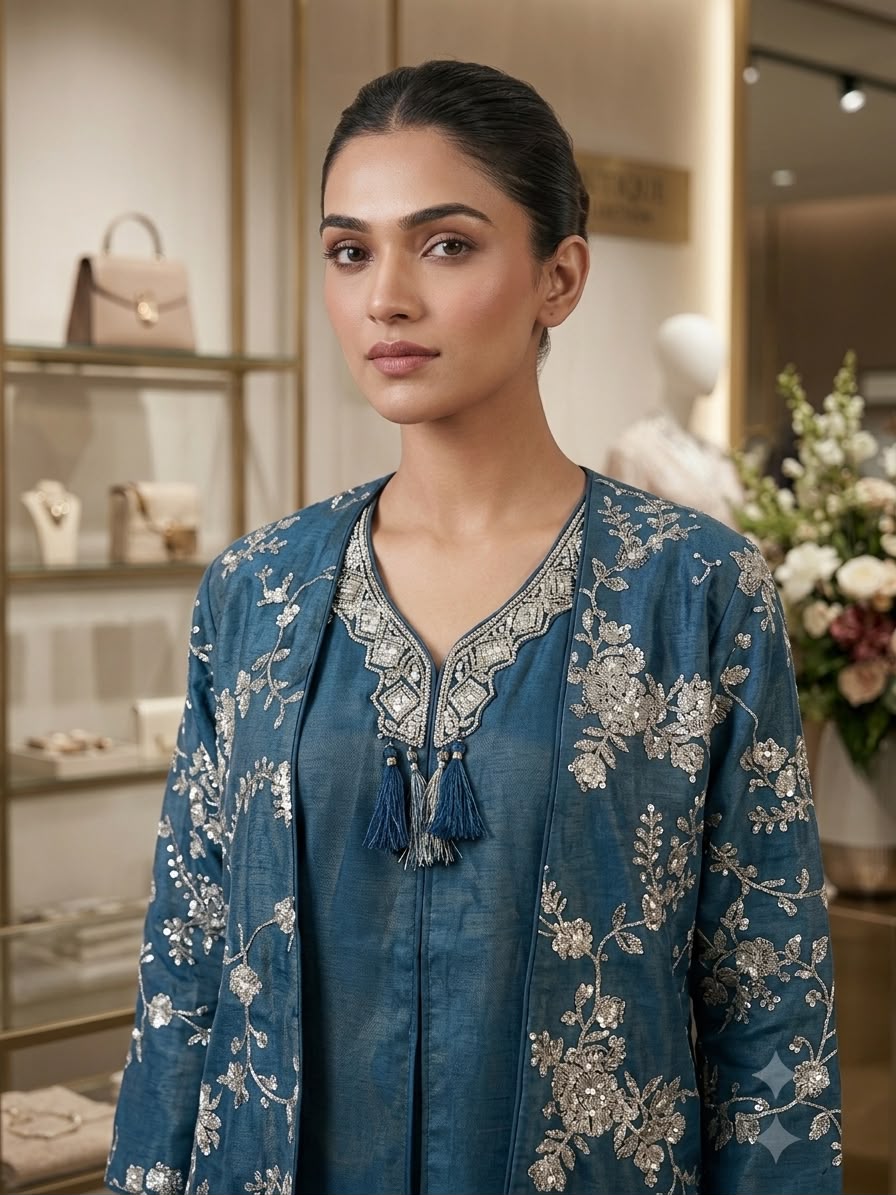 Designer Blue Embroidered Kurti Palazzo Set | Floral Sequin & Bead Work