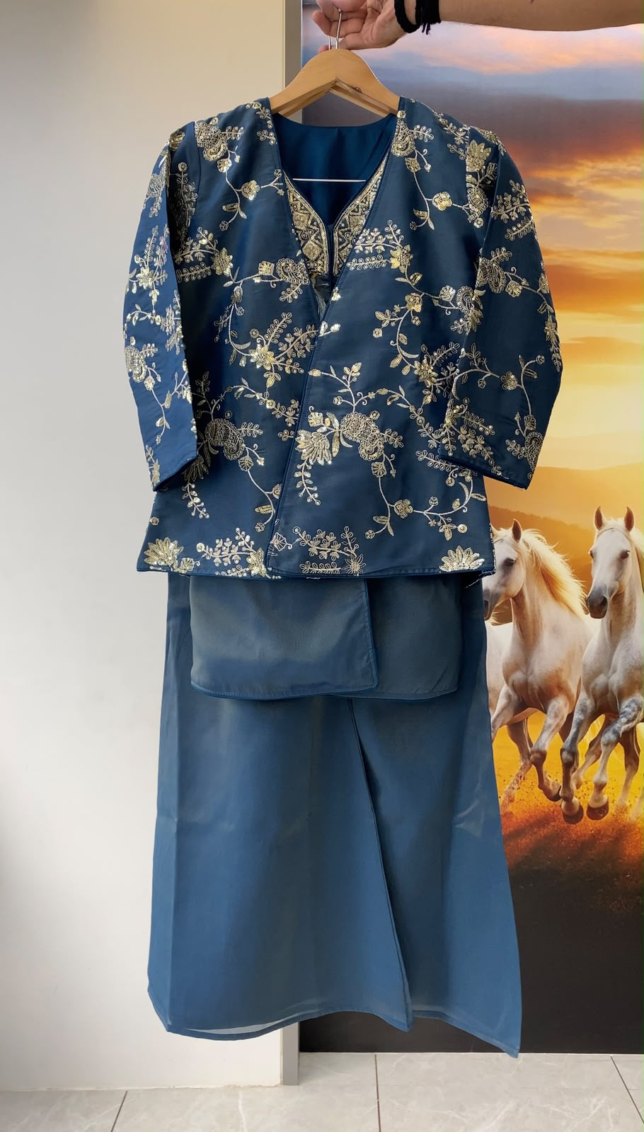 Designer Blue Embroidered Kurti Palazzo Set | Floral Sequin & Bead Work